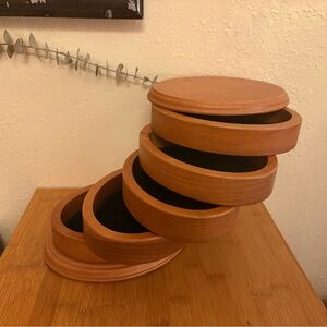 VINTAGE 5-Tier Swivel Tower Wooden Jewelry Box Black Velvet Lined Organizer